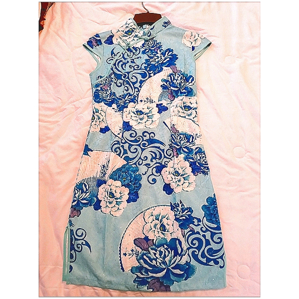 HS Blue Floral High Necked Qipao Oriental Dress